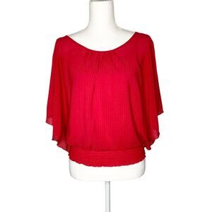 B. Wear Red Textured Batwing Blouse Elastic Waistband Attached Cami Medium